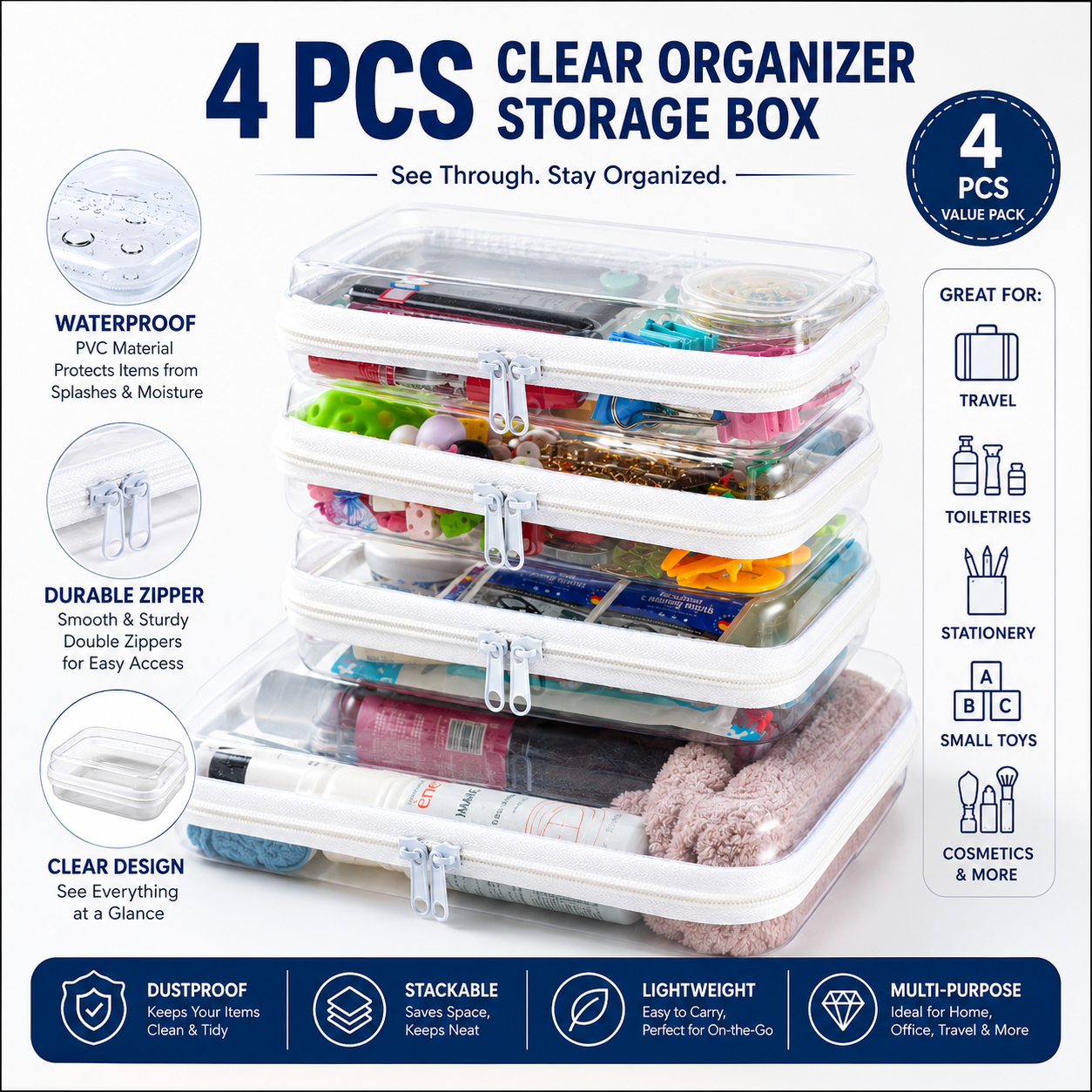 💥Hot Sale 50% OFF-4 PCS Clear Organizer Storage Box Clear Hard Zipper Case PVC Plastic CLear Storage Containers