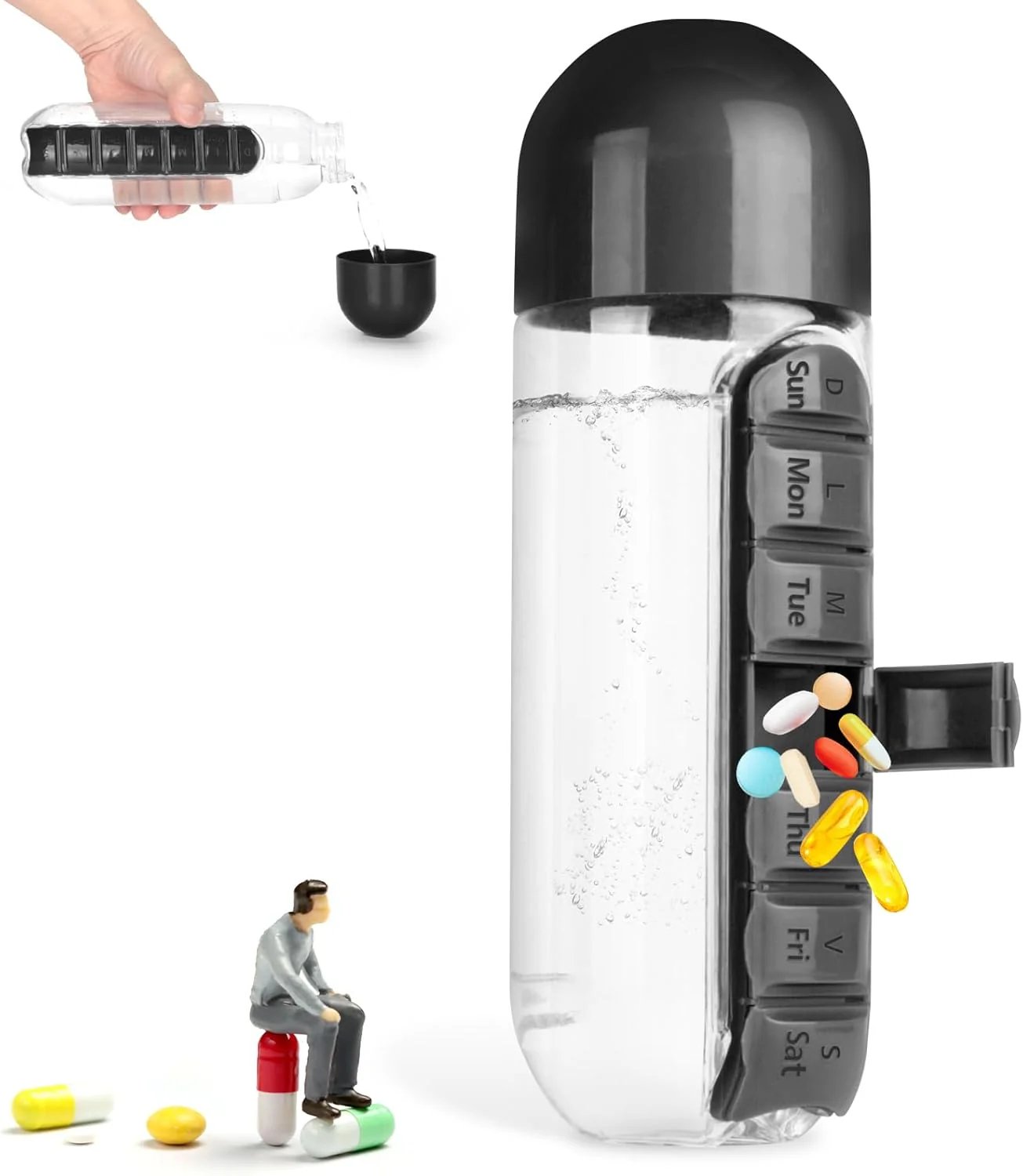 Water Bottle With 7 Pill Box Organizer