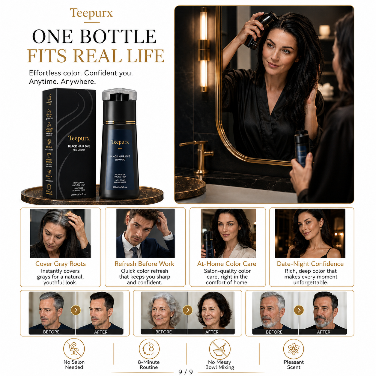 Teepurx Fragrance Hair Dye Shampoo – 8-Minute Gray Coverage & 8-Week Color