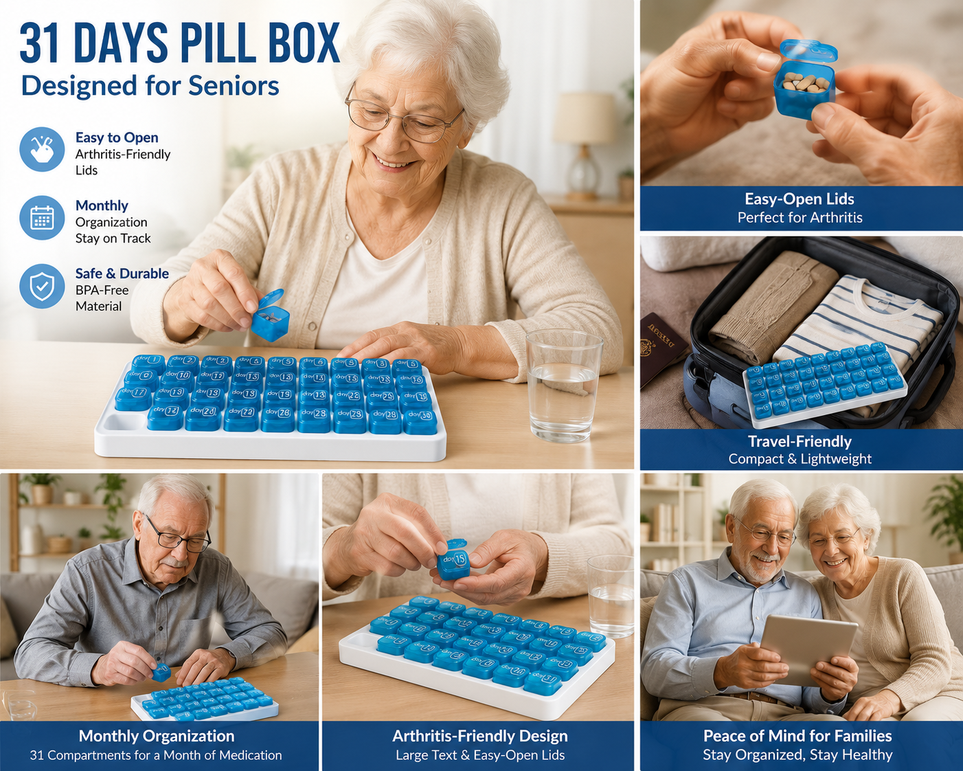 💥Hot Sale 50% OFF💊31 Days Pill Box-Monthly Pill Organizer-Arthritis-Friendly Easy-Open Lids