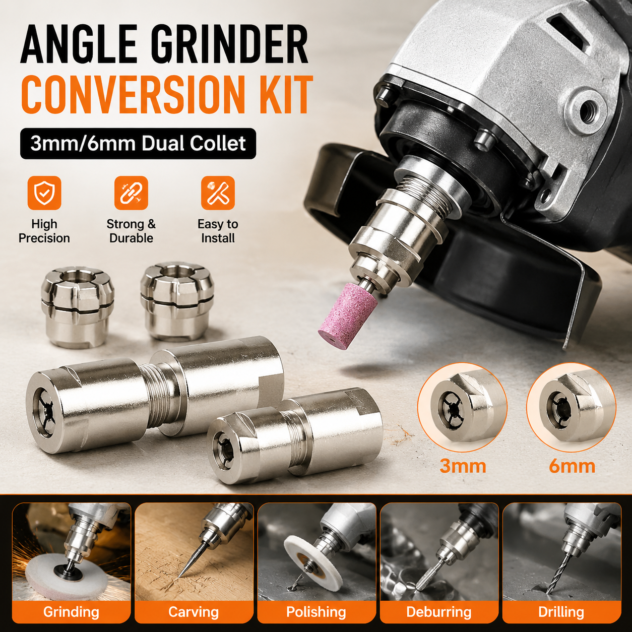 ⚙️Angle Grinder Conversion Kit 🔧 3mm/6mm Dual Collet – Universal Straight Grinder Adapter for Carving & Polishing