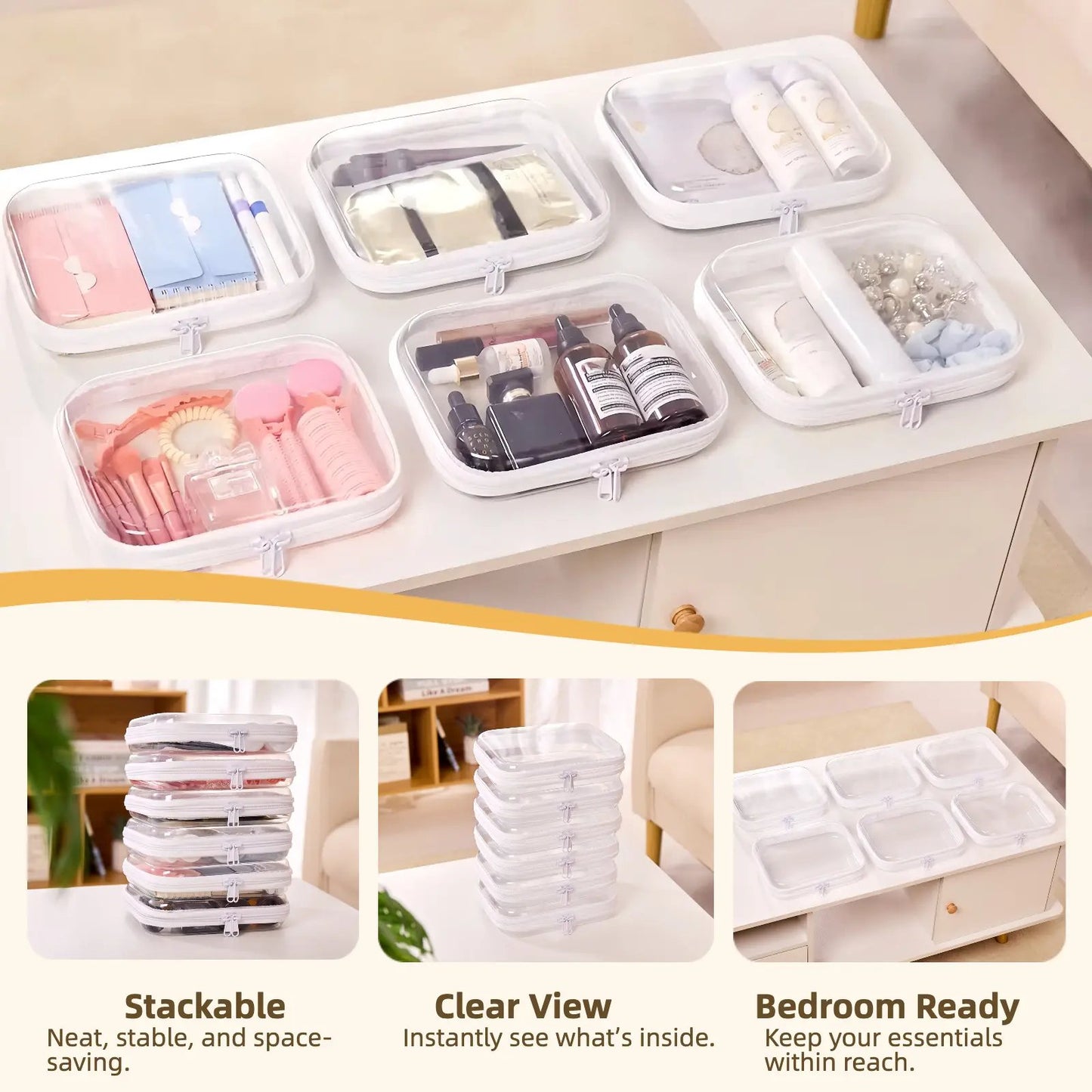 💥Hot Sale 50% OFF-4 PCS Clear Organizer Storage Box Clear Hard Zipper Case PVC Plastic CLear Storage Containers