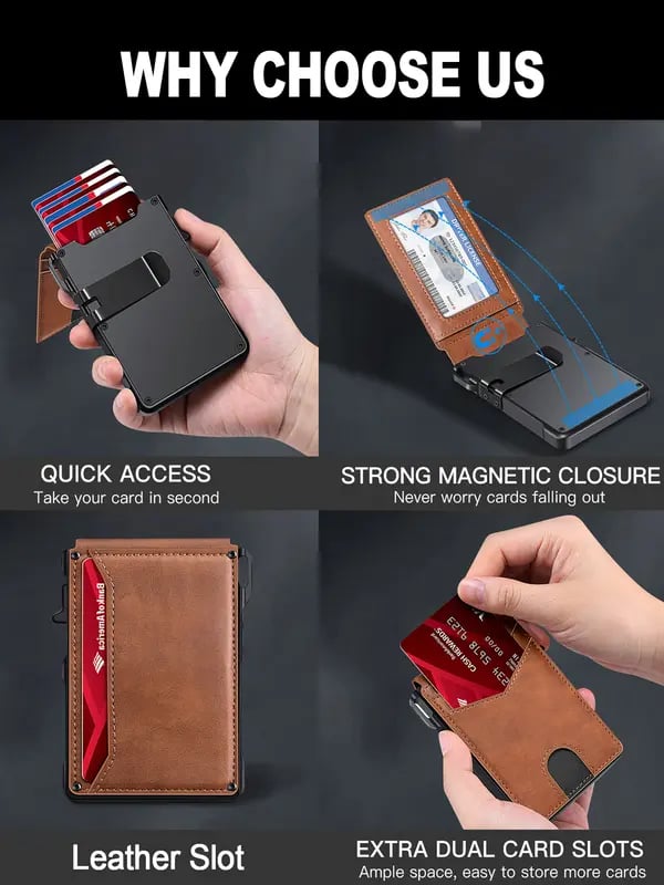 ✨Last Day 49% OFF - Slim Wallet for Men with Pop-Up Aluminum Case, RFID Blocking & Money Clip | Minimalist Leather Bifold Card Holder
