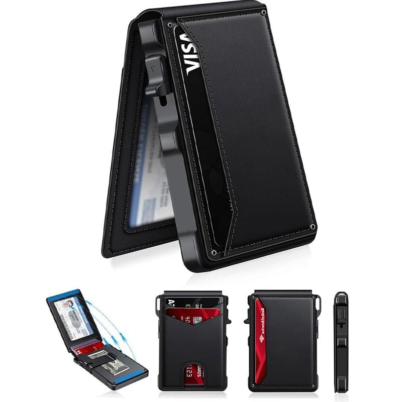 ✨Last Day 49% OFF - Slim Wallet for Men with Pop-Up Aluminum Case, RFID Blocking & Money Clip | Minimalist Leather Bifold Card Holder