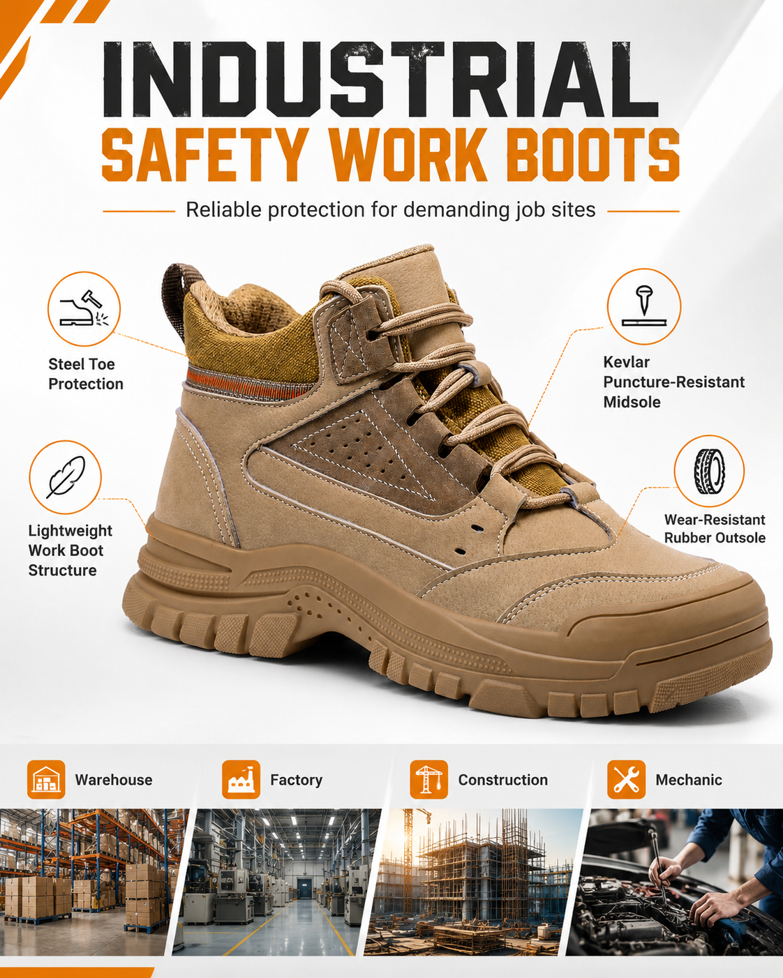 Steel Toe Boots for Men Puncture Resistant Safety Work Boots with Kevlar Midsole Industrial Lightweight Men's Work & Utility Protective Shoes for Construction Warehouse Factory