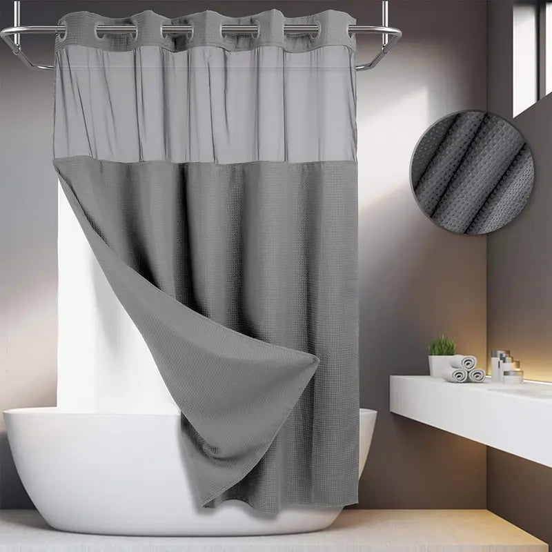No Hook Shower Curtain with Snap-In Liner – Double Layer Waterproof Fabric Curtain, Washable Hotel Style Bath Curtain