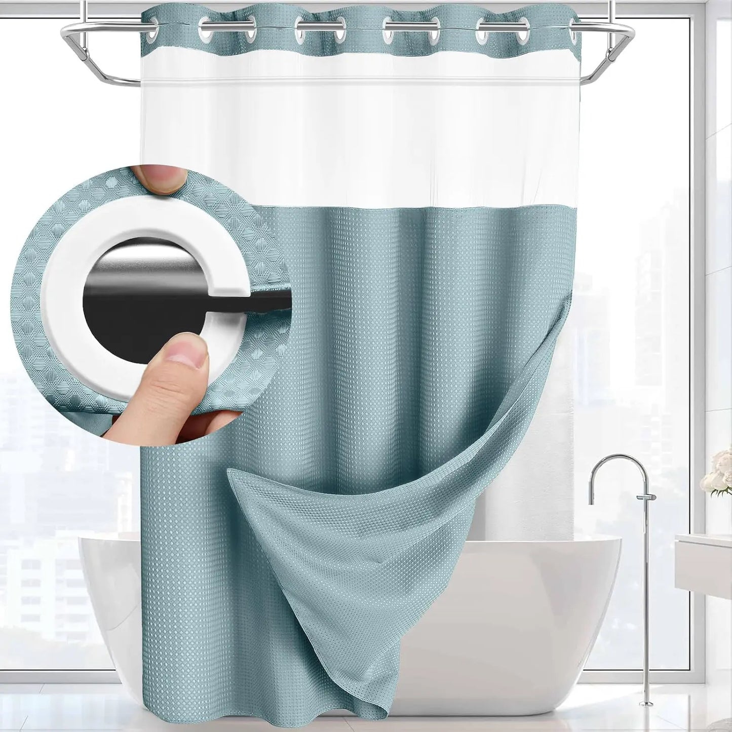 No Hook Shower Curtain with Snap-In Liner – Double Layer Waterproof Fabric Curtain, Washable Hotel Style Bath Curtain