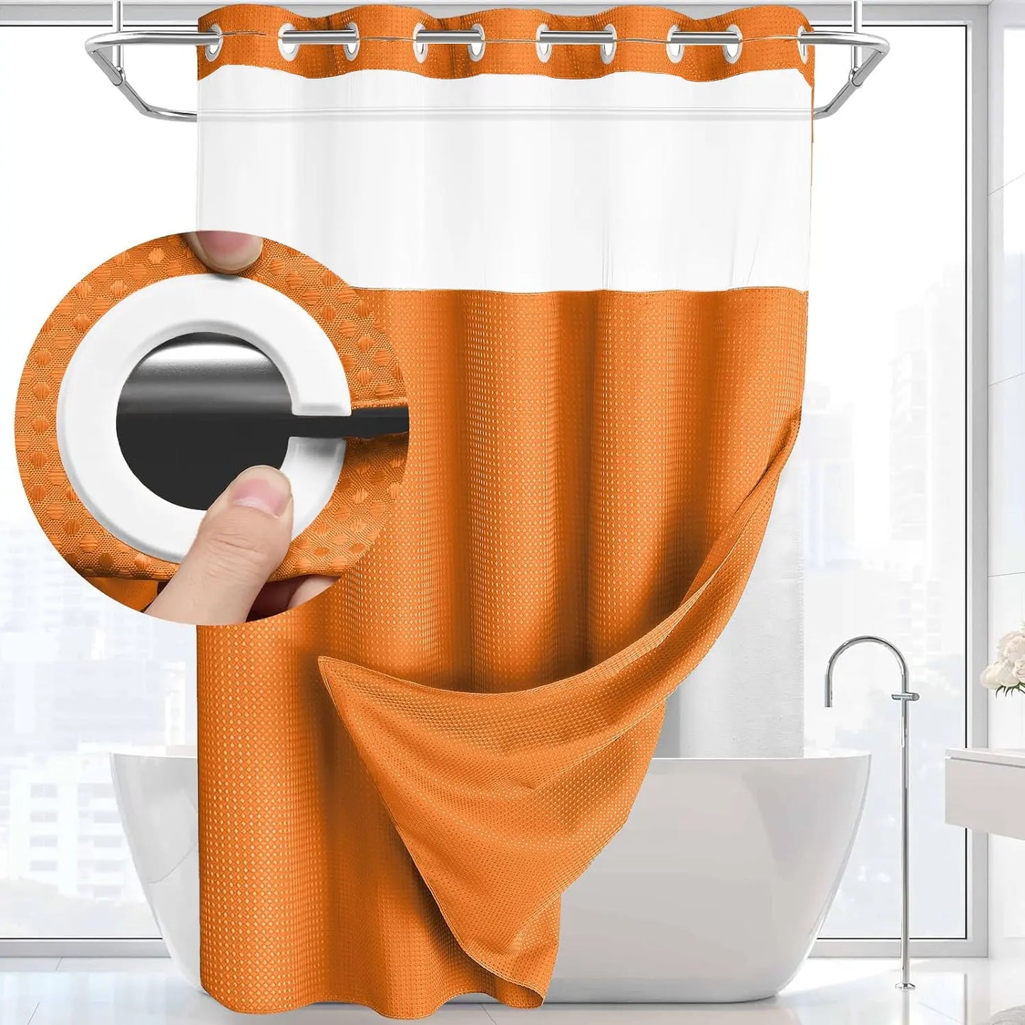 No Hook Shower Curtain with Snap-In Liner – Double Layer Waterproof Fabric Curtain, Washable Hotel Style Bath Curtain