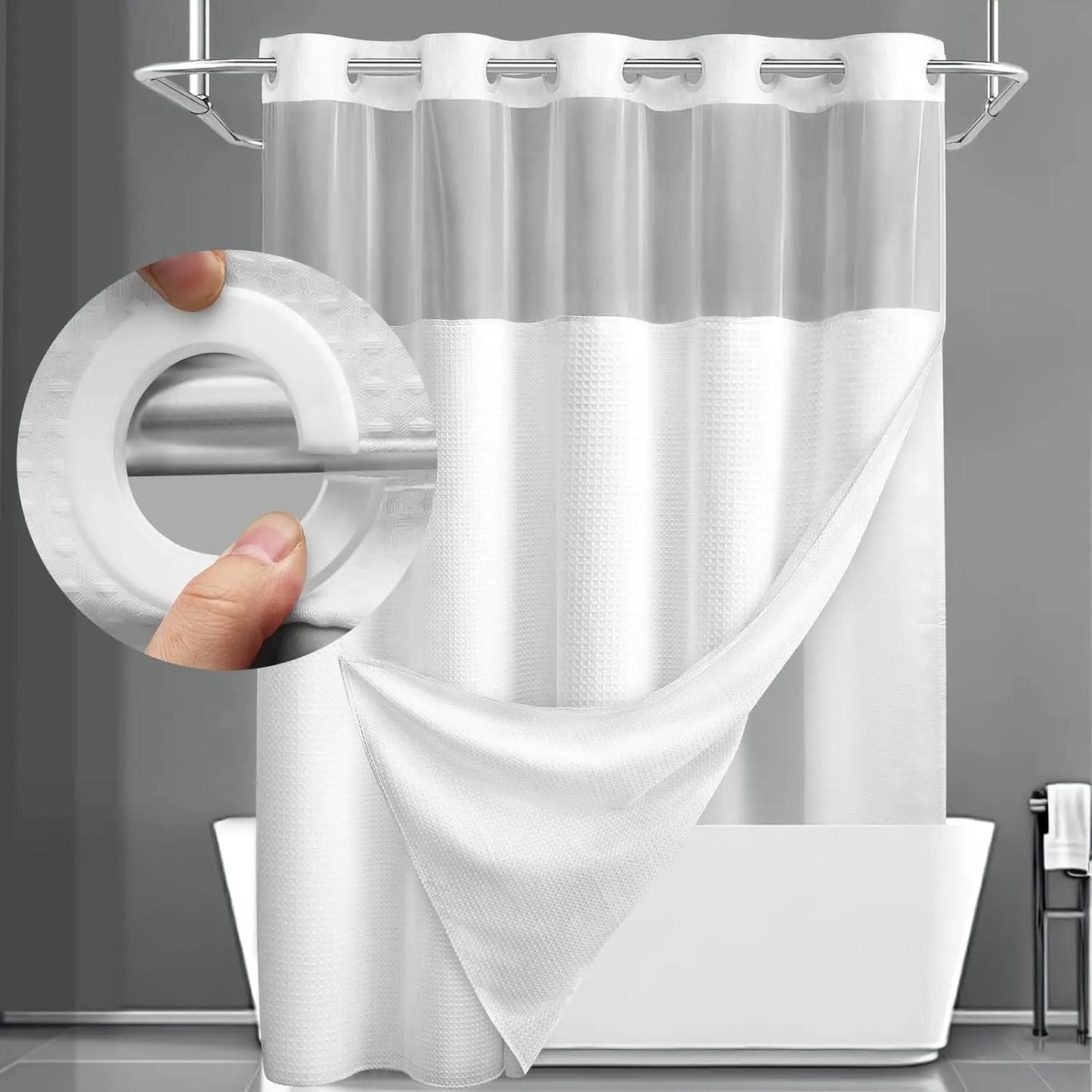 No Hook Shower Curtain with Snap-In Liner – Double Layer Waterproof Fabric Curtain, Washable Hotel Style Bath Curtain