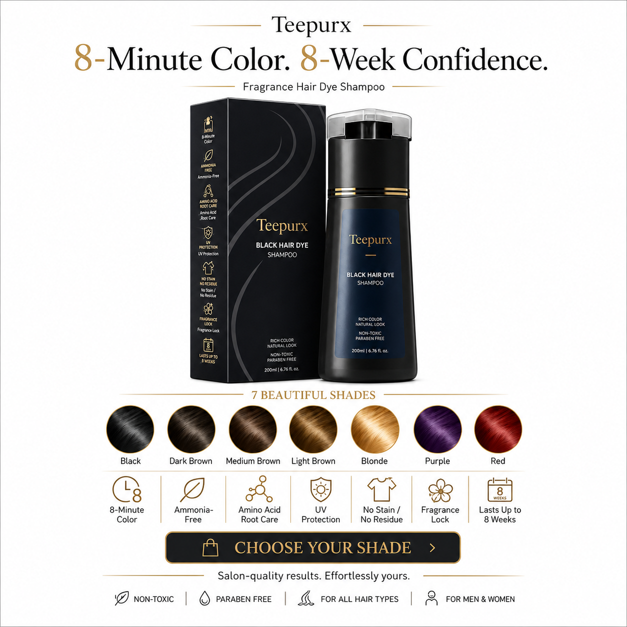 Teepurx Fragrance Hair Dye Shampoo – 8-Minute Gray Coverage & 8-Week Color