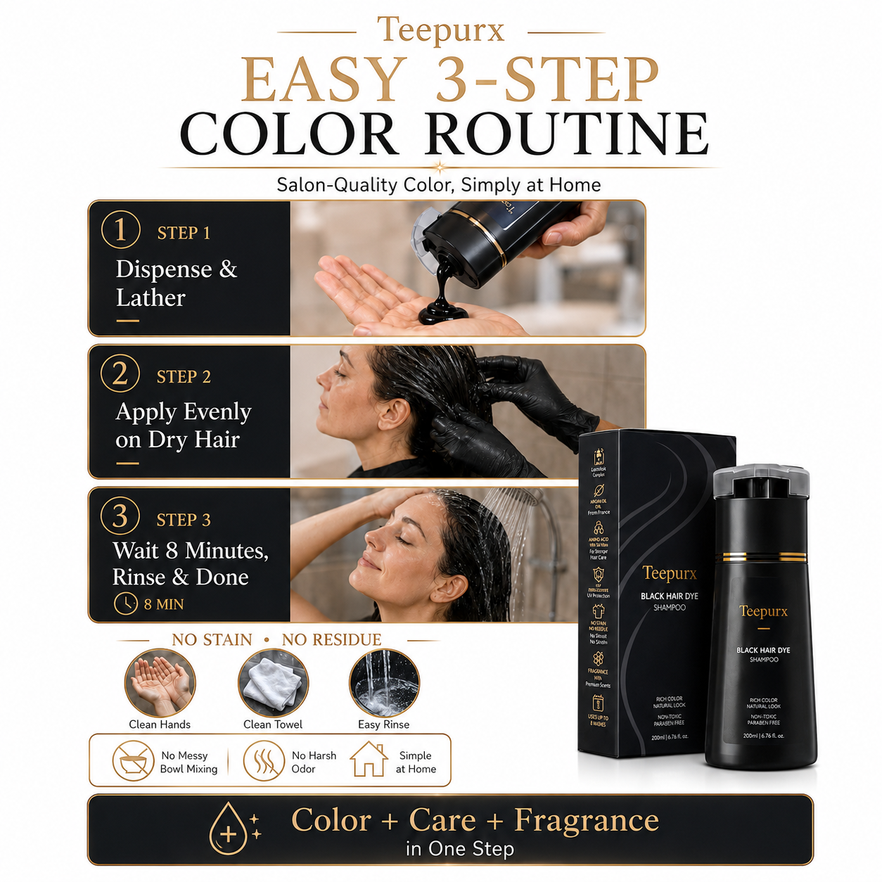 Teepurx Fragrance Hair Dye Shampoo – 8-Minute Gray Coverage & 8-Week Color