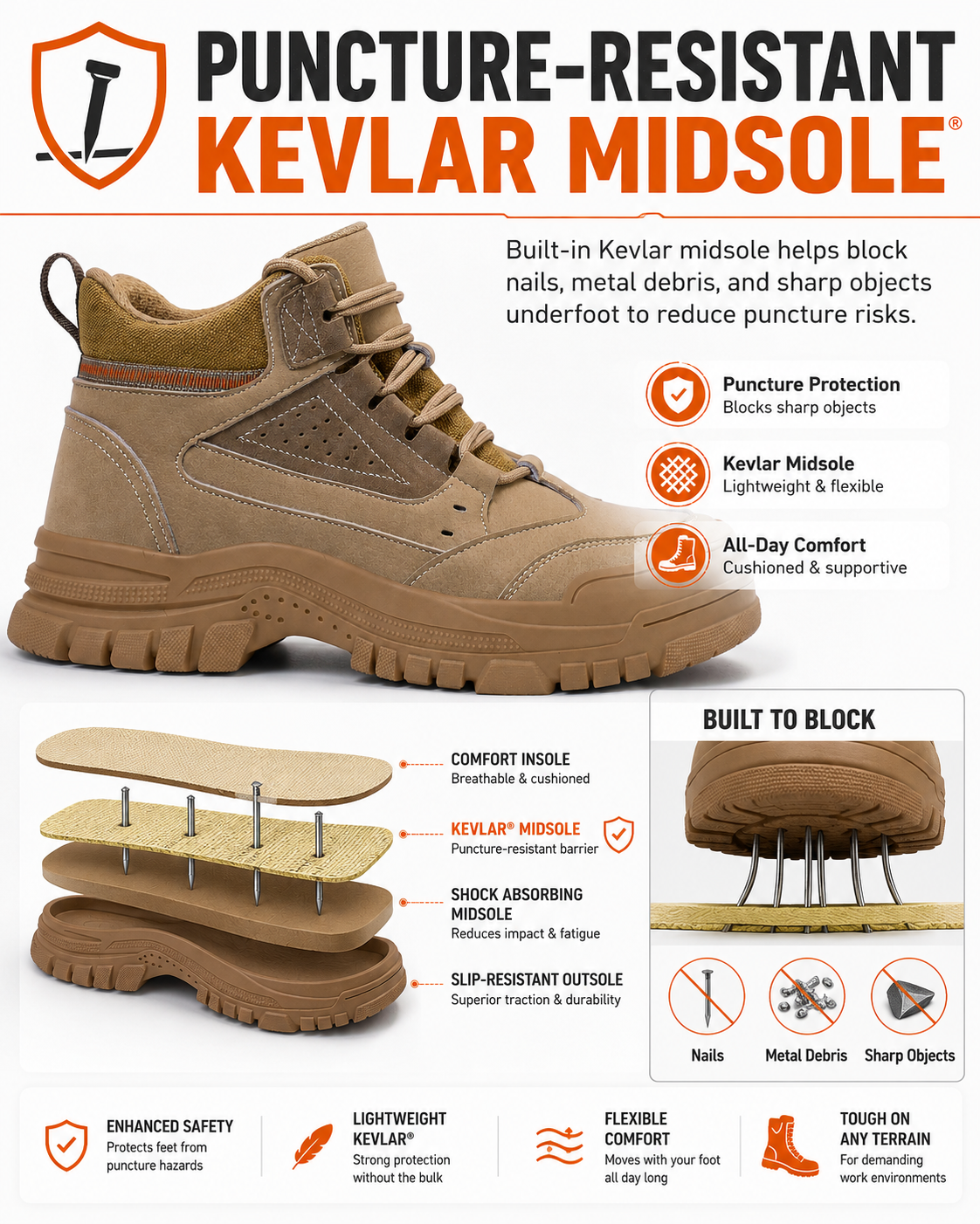 Steel Toe Boots for Men Puncture Resistant Safety Work Boots with Kevlar Midsole Industrial Lightweight Men's Work & Utility Protective Shoes for Construction Warehouse Factory