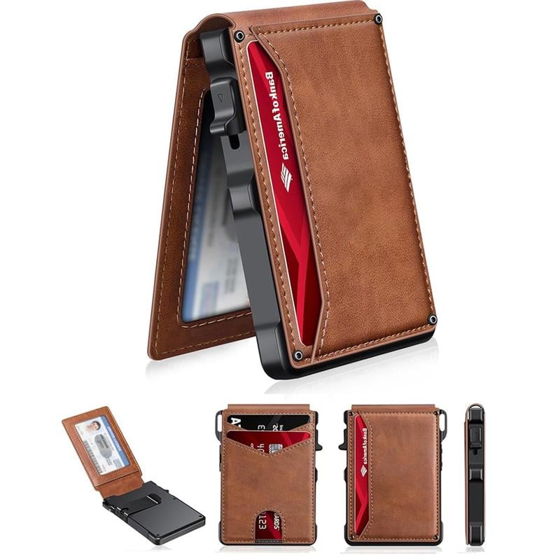 ✨Last Day 49% OFF - Slim Wallet for Men with Pop-Up Aluminum Case, RFID Blocking & Money Clip | Minimalist Leather Bifold Card Holder