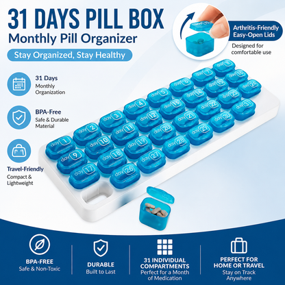 💥Hot Sale 50% OFF💊31 Days Pill Box-Monthly Pill Organizer-Arthritis-Friendly Easy-Open Lids